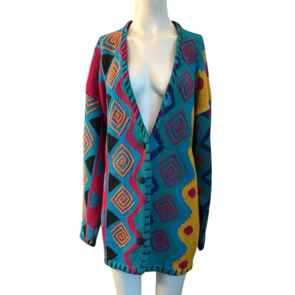 Vintage 80’s L'EAU VIVE Funky Multi-pattern Geometric Knit Long Cardigan sz L - Picture 1 of 7